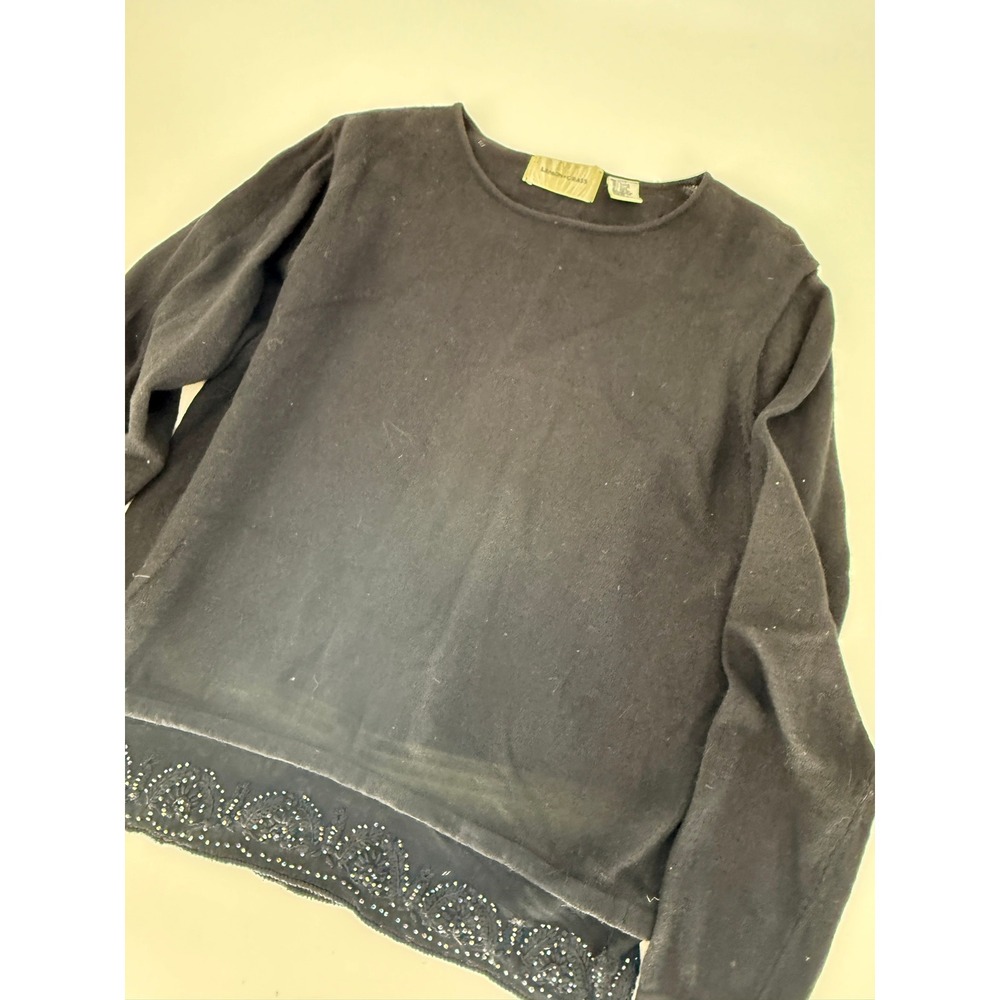 Lemon Grass Black Embellished Ramie Blend Long Sleeve Top Office Beaded